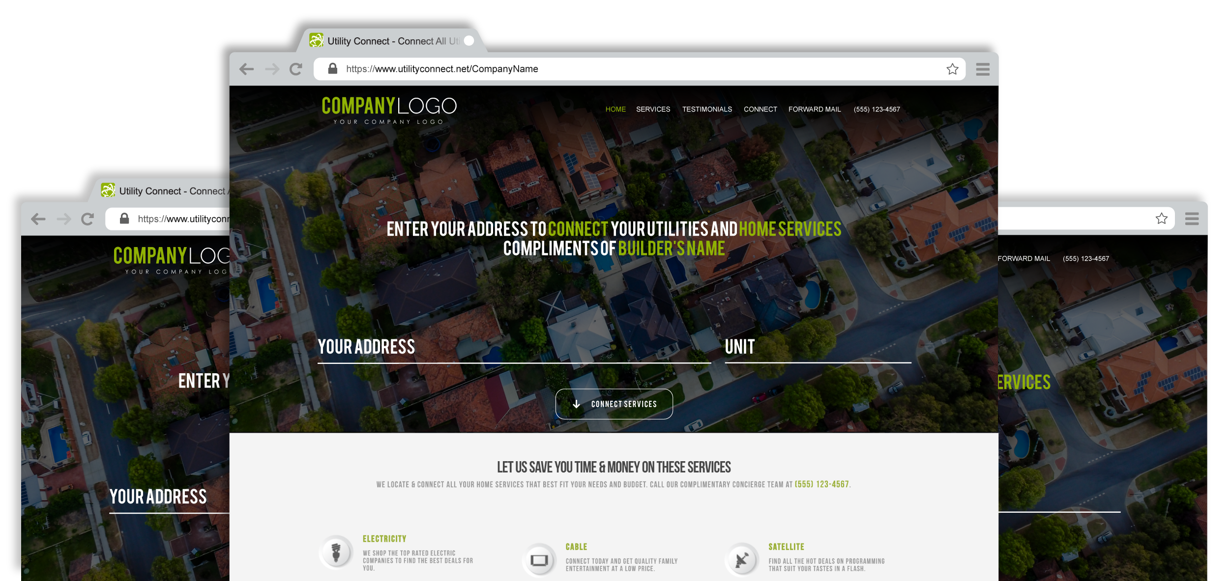 Utility Connect branded microsite features for Builders & HOAs