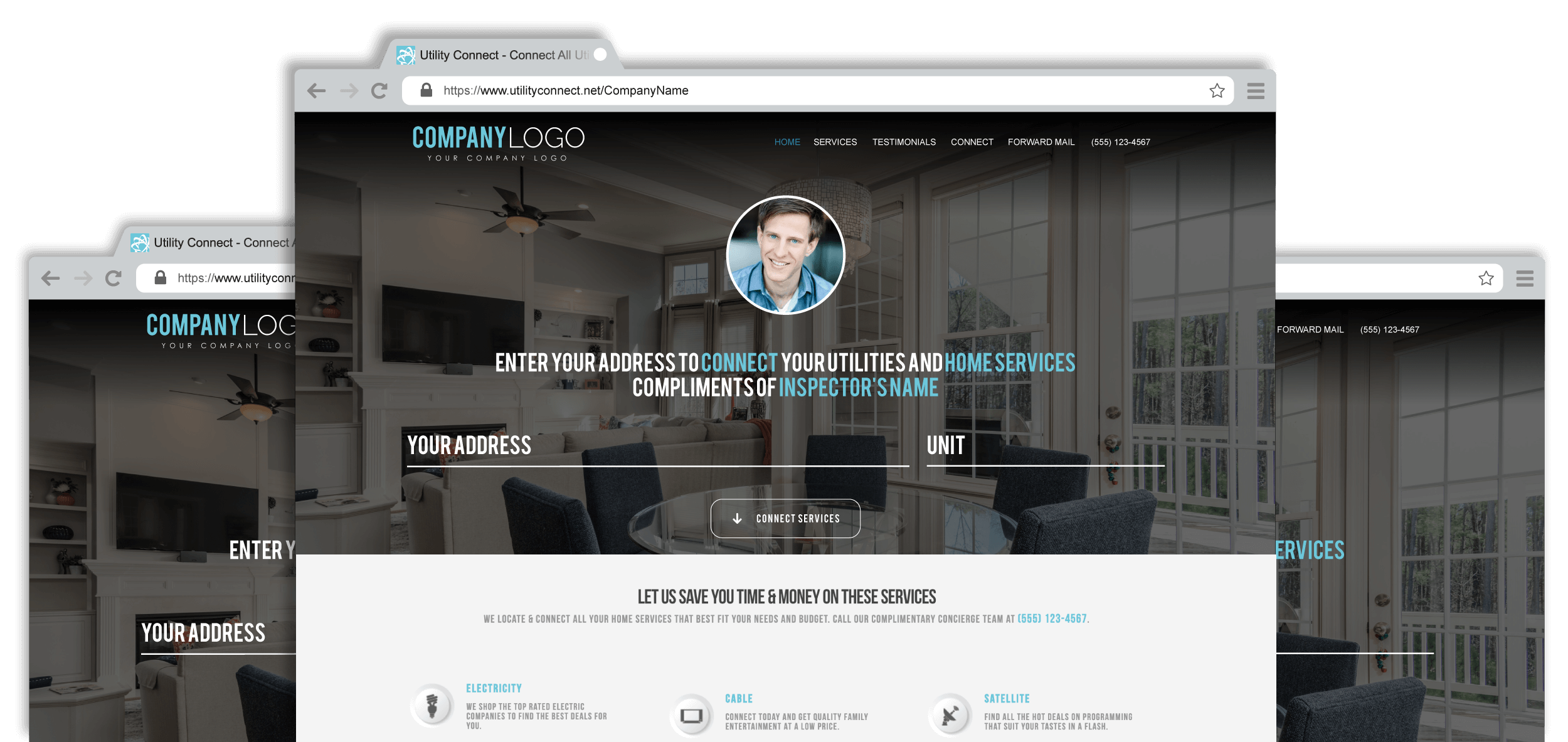 Utility Connect branded microsite features for Home Inspectors