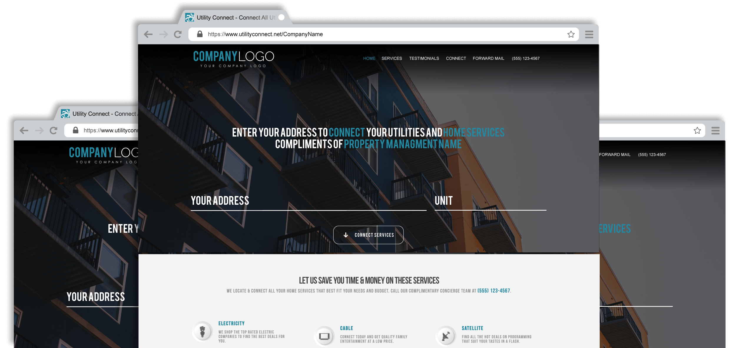 Utility Connect branded microsite features for Property Management